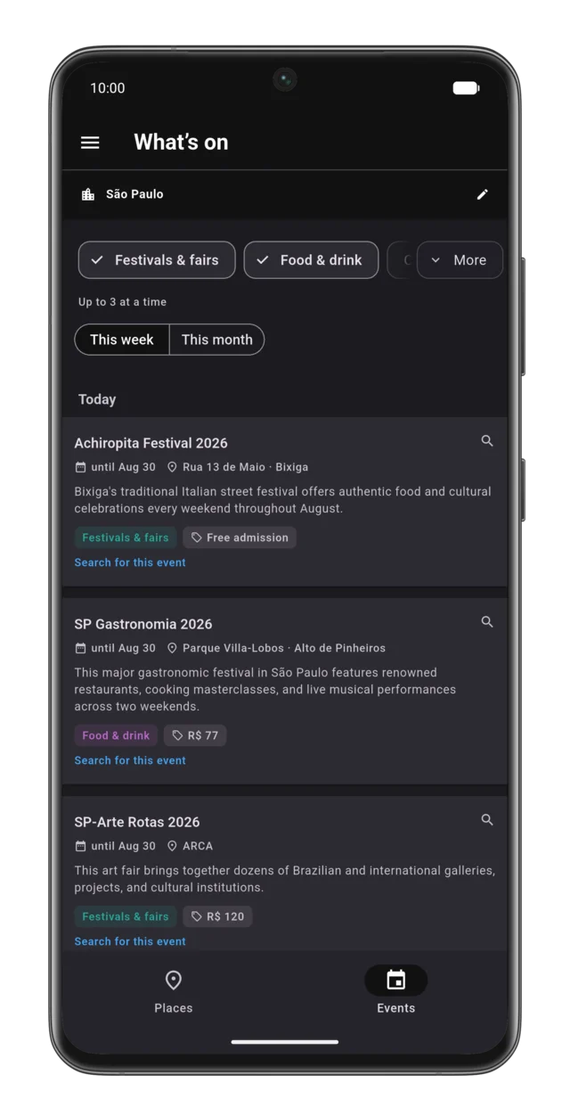 The Vaionde app showing this week's events in the city