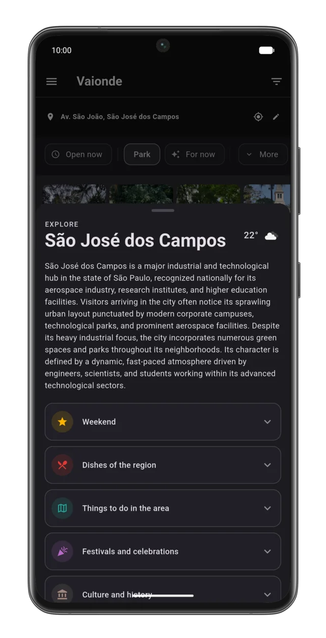 The Vaionde app showing the guide to the region around you