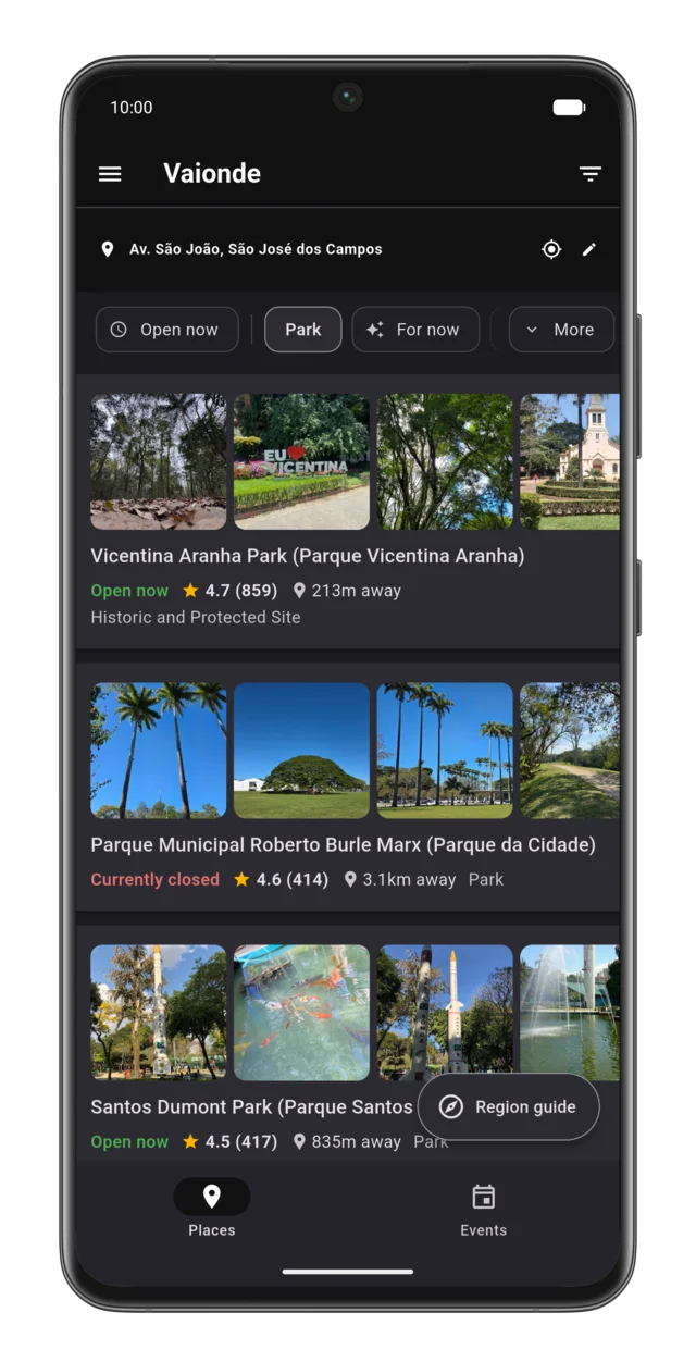 The Vaionde app showing a list of places nearby