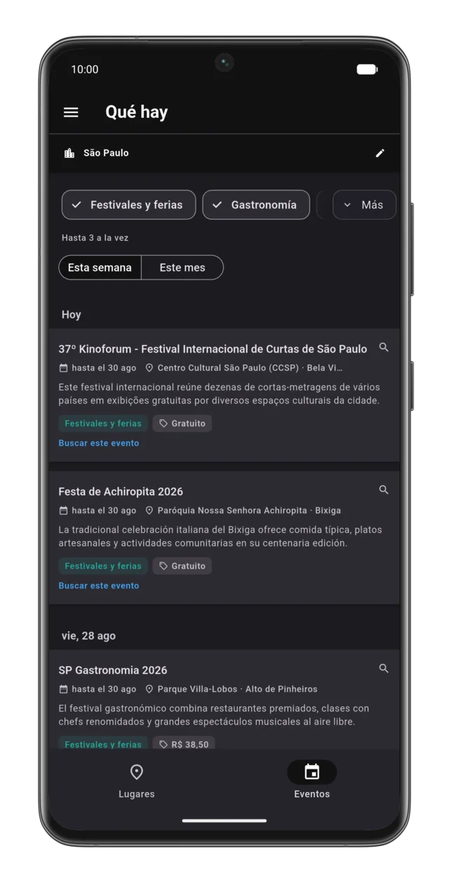 La app Vaionde mostrando los eventos de la semana en la ciudad