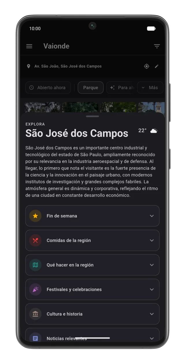 La app Vaionde mostrando la guía de la región donde estás