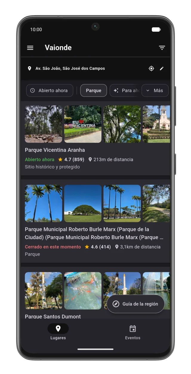 La app Vaionde mostrando una lista de lugares cercanos