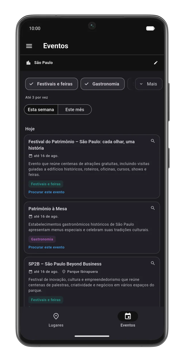O app Vaionde mostrando os eventos da semana na cidade