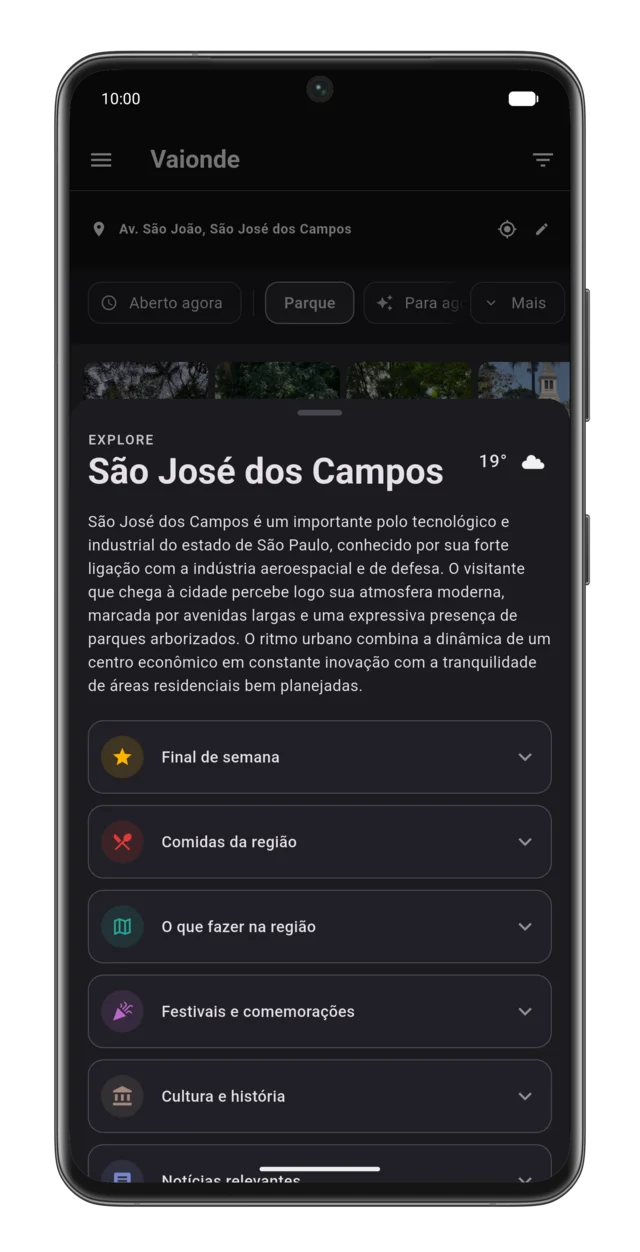 O app Vaionde mostrando o guia da região onde você está