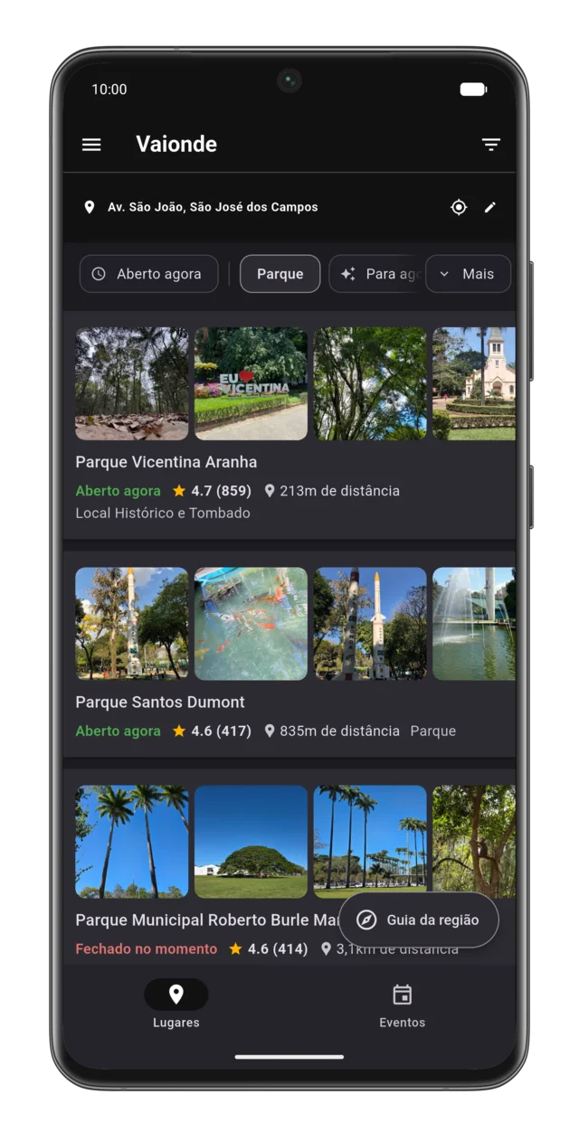 O app Vaionde mostrando uma lista de lugares por perto